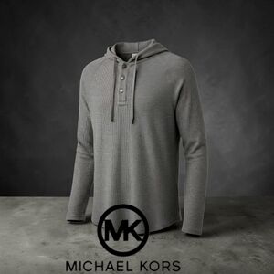 3/$30🏷 Michael Kors Charcoal Gray Waffle Knit Hooded Pullover Small Athleisure